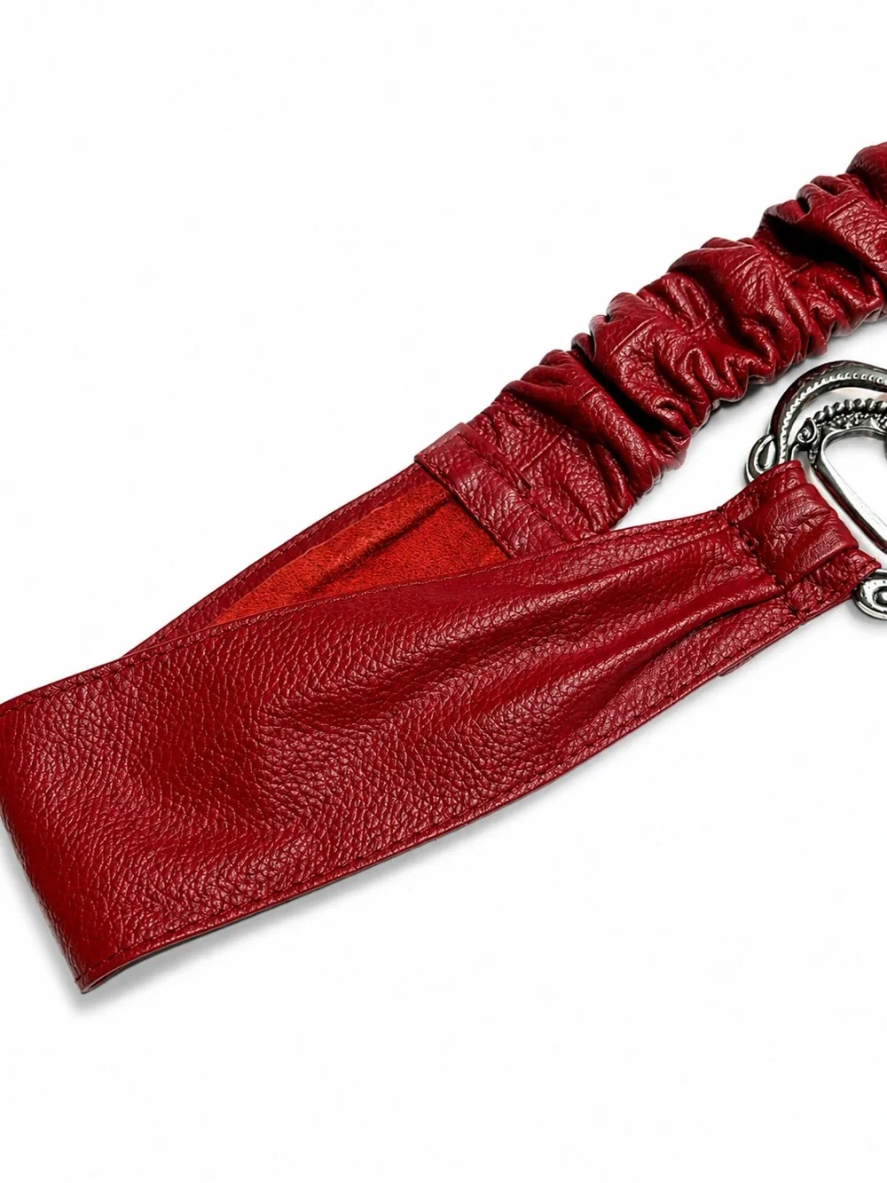 Chico's red leather stretch belt large, ornate silver statement buckle